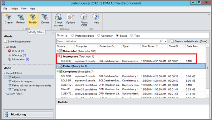 Screenshot shows how to view job progress in the Monitoring console.