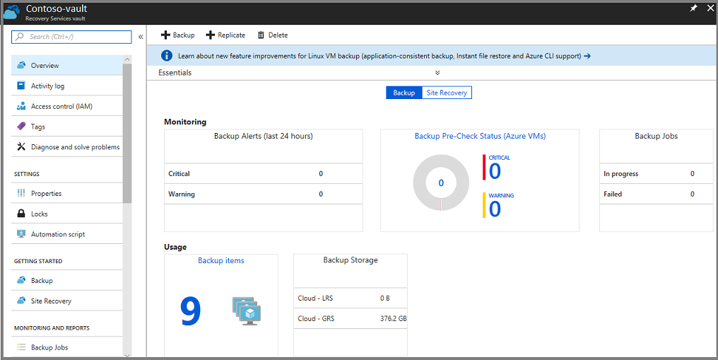 Recovery Services vault dashboard