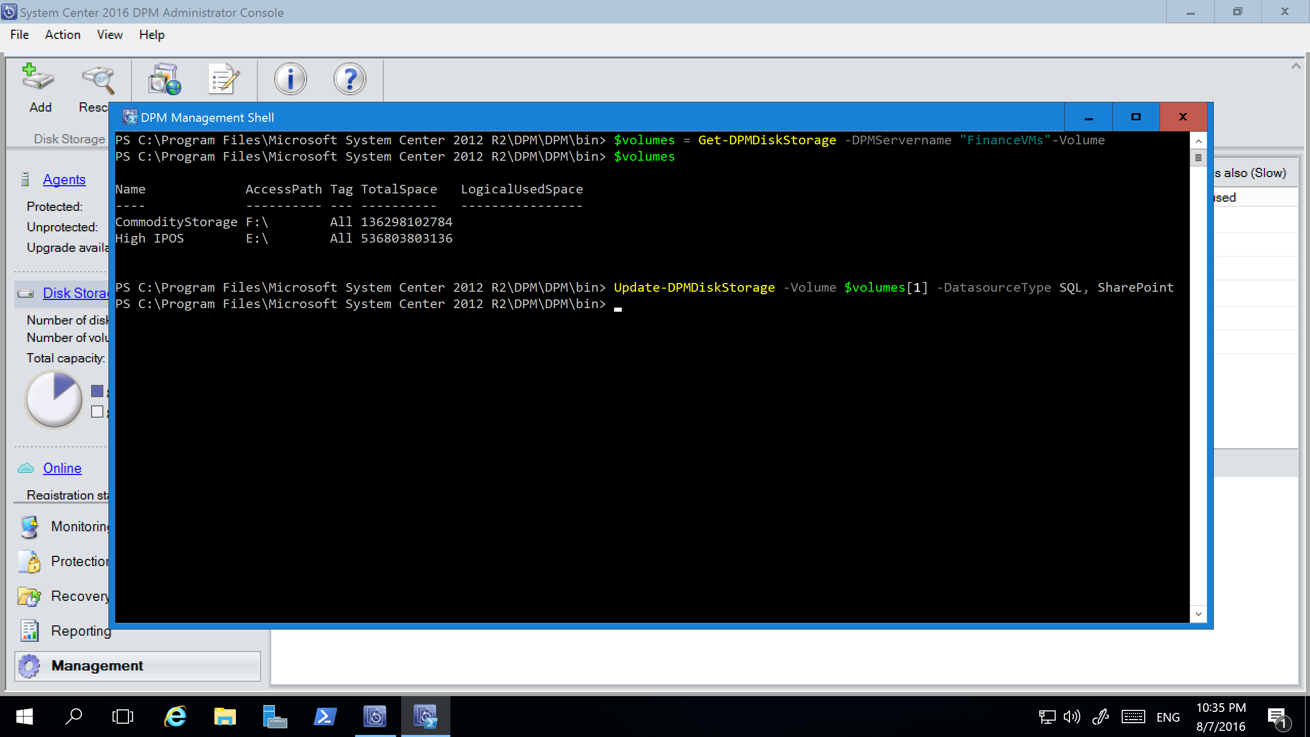 Screenshot shows the Update-DPMDiskStorage command in the PowerShell window