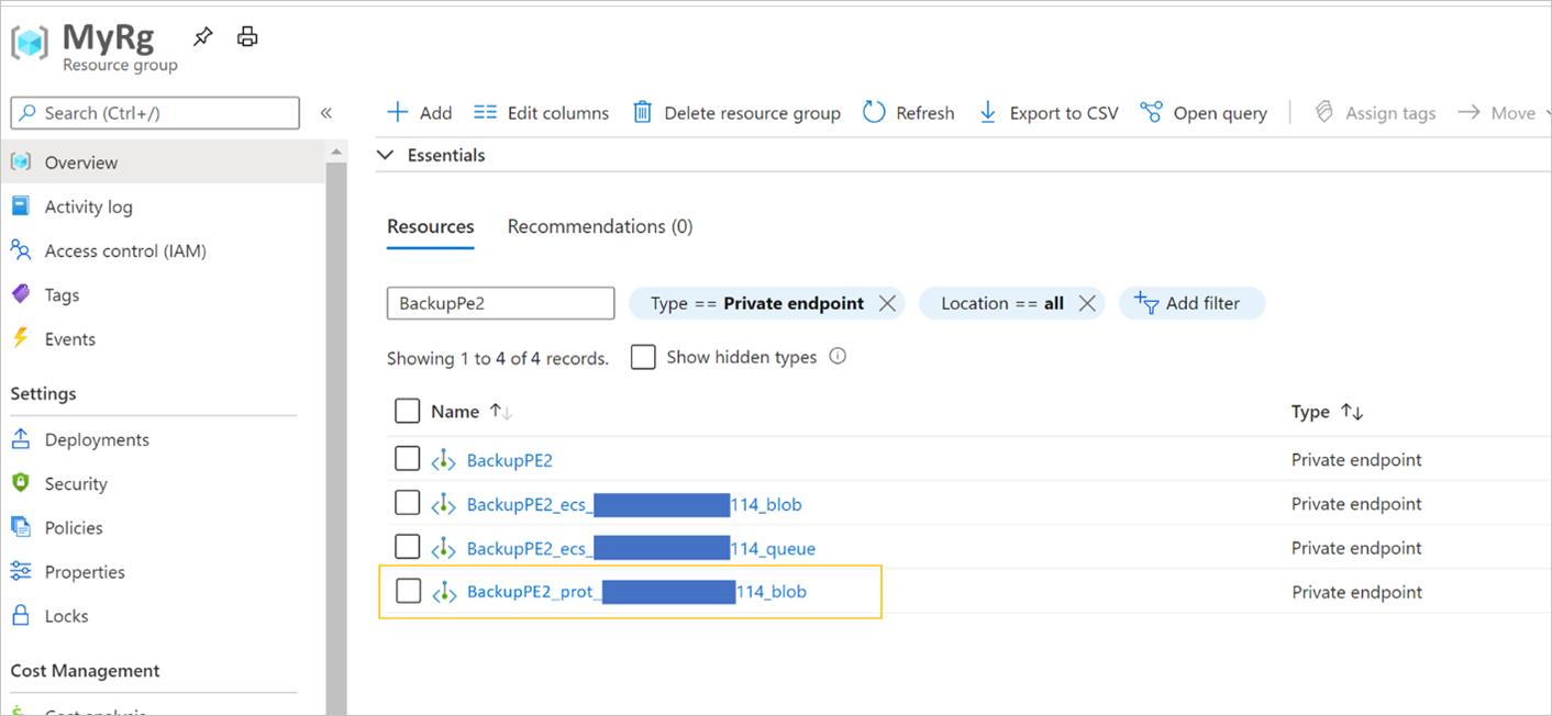 Private endpoint with suffix "prot"