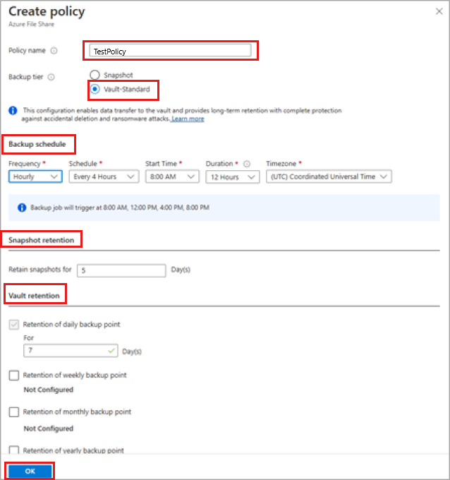 Screenshot shows how to set the backup schedule and retention duration.