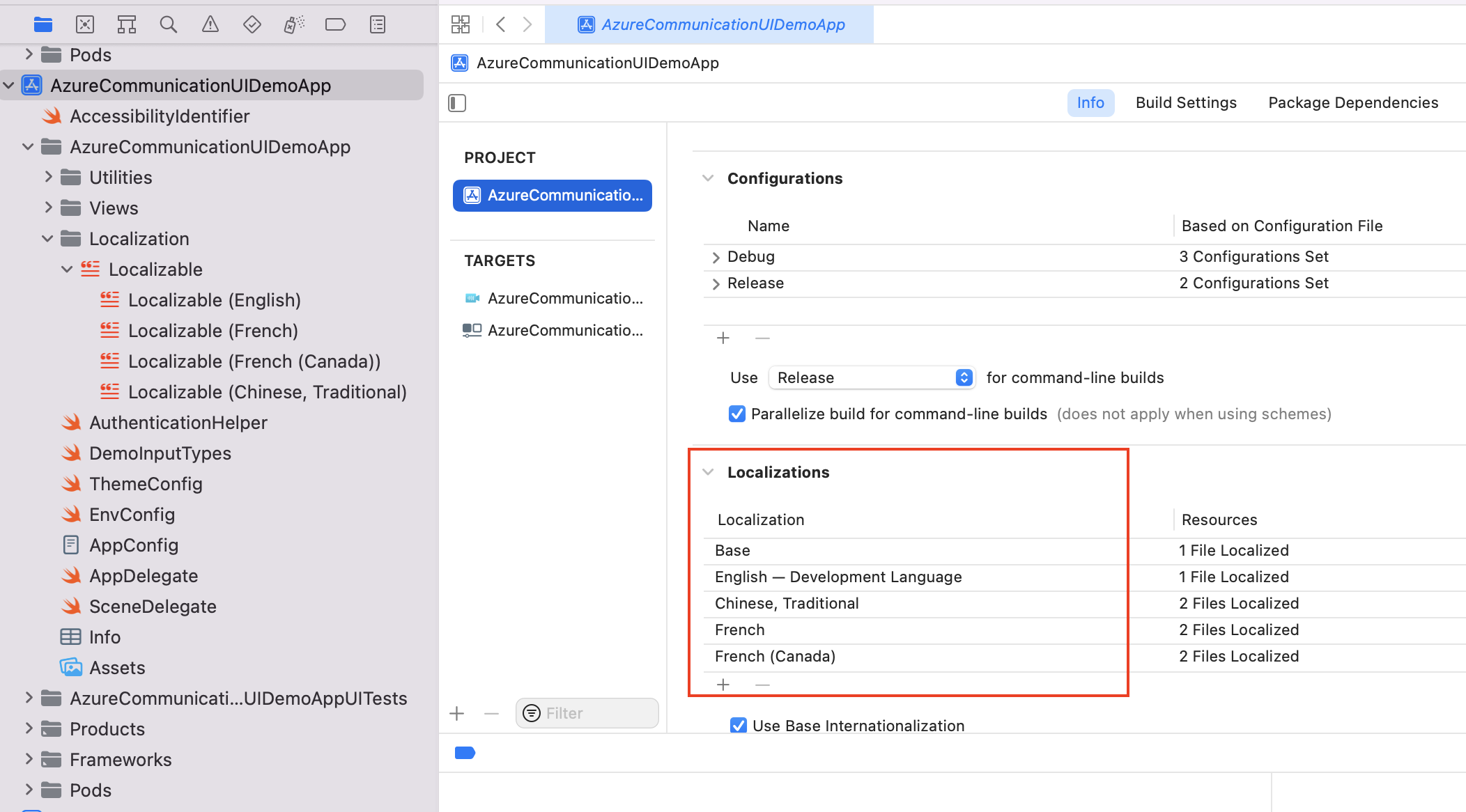 Screenshot that shows iOS Xcode project localizations.