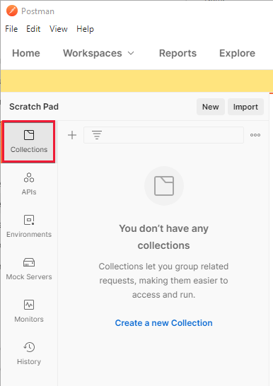 Screenshot that shows the Postman main screen with the Collections tab highlighted.