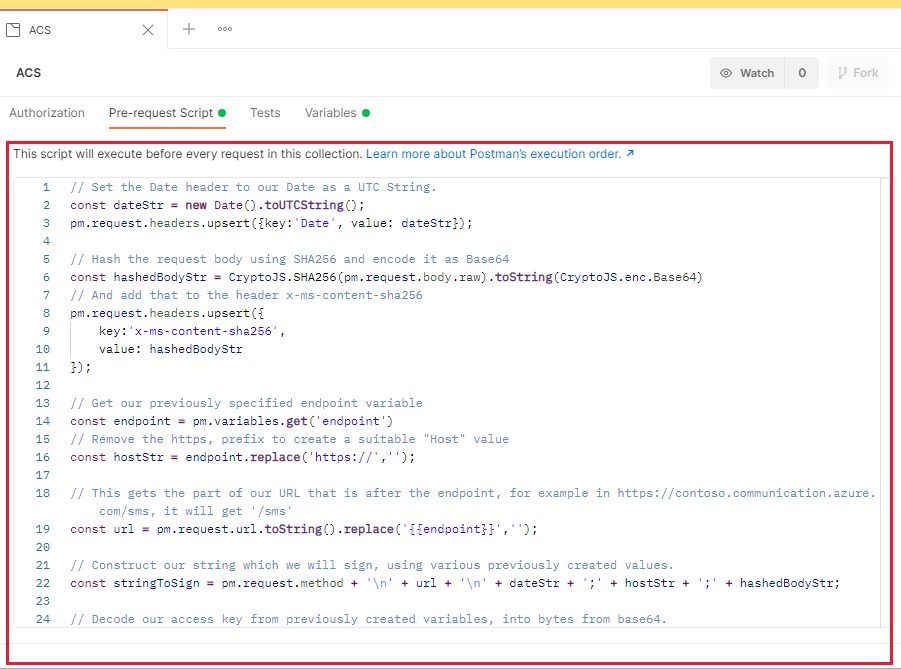 Screenshot that shows Postman with a Communication Services collection prerequest script entered.