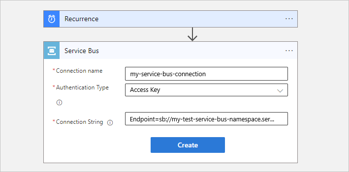 Screenshot showing Consumption workflow, Service Bus action, and example connection information.