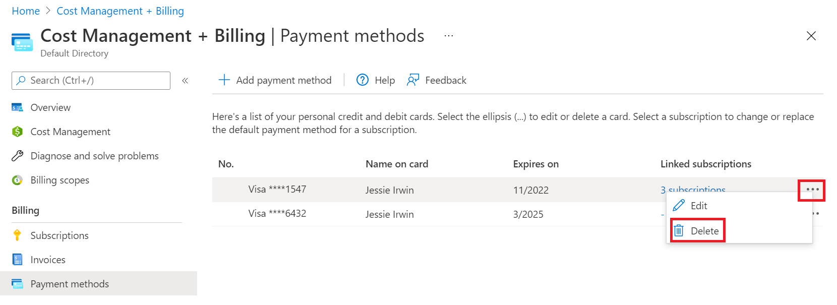 Example screenshot that shows selections for deleting a payment method for a Microsoft Online Subscription Program account.