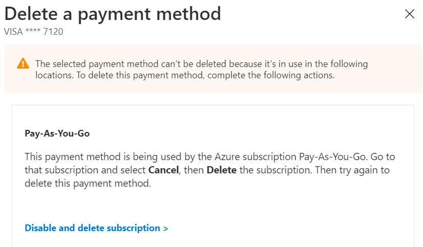 Example screenshot that shows that a pay-as-you-go subscription is using a payment method.