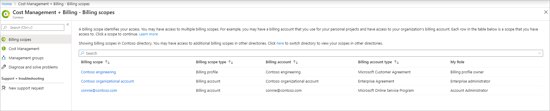 Screenshot that shows billing scopes, which you can select for details.