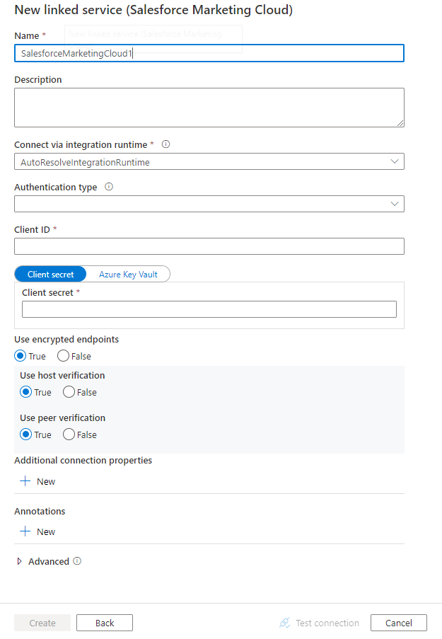 Configure a linked service to Salesforce Marketing Cloud.