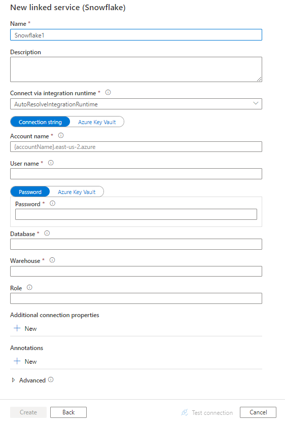 Screenshot of linked service configuration for Snowflake.