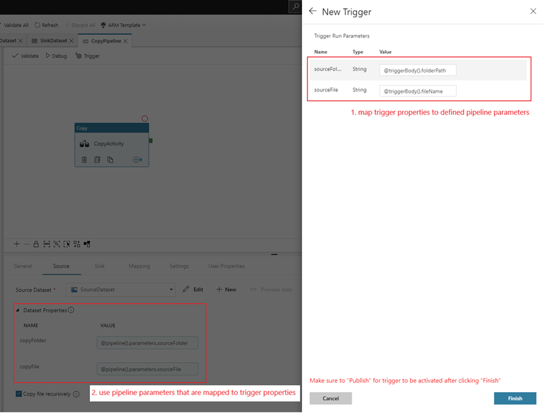 Screenshot that shows storage event trigger mapping properties to pipeline parameters.