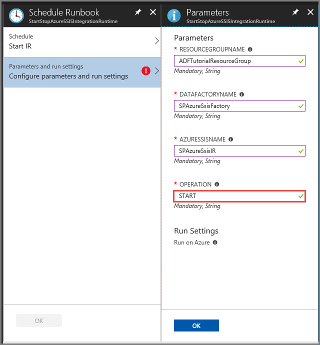 Screenshot that highlights the value for the operation parameter in scheduling the start of a runbook.