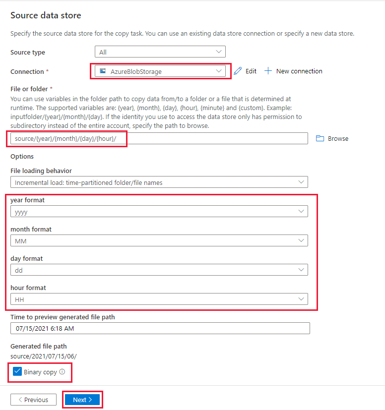 Screenshot that shows the configuration of Source data store page.