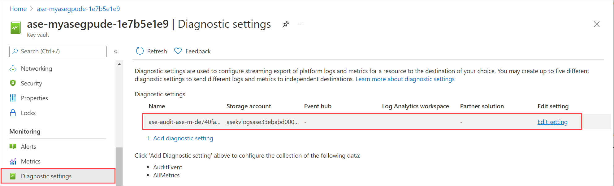 View diagnostics settings for key vault