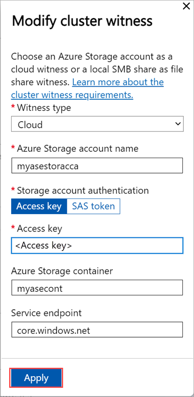 Local web UI "Cluster" page with cloud witness type selected in "Modify cluster witness" blade on first node