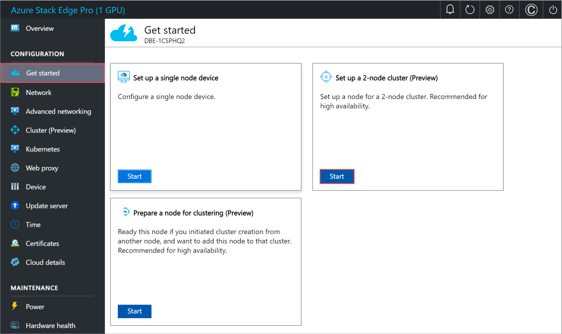 Local web UI "Set up a 2-node cluster" on "Get started" page