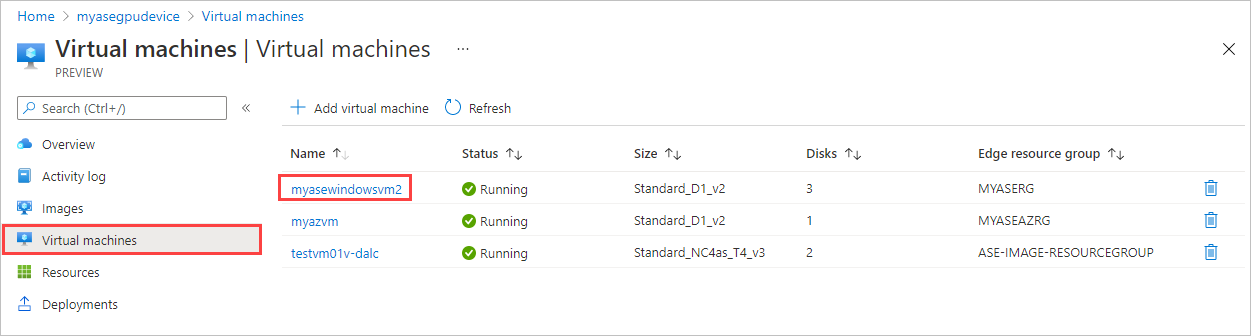 Screenshot of "Virtual machines" view for an Azure Stack Edge device, with a virtual machine highlighted in the list of VMs.