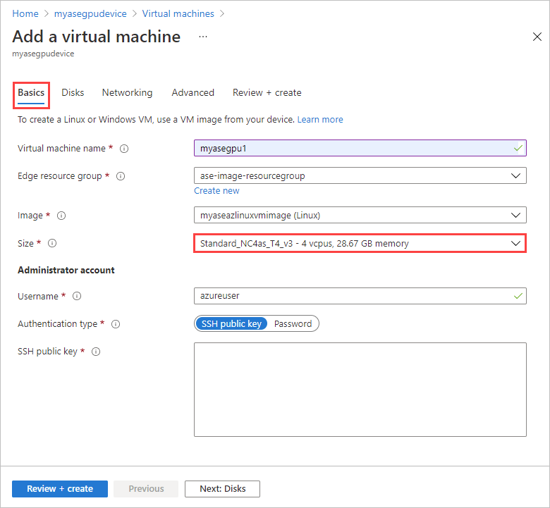 Screenshot of Basics tab for "Add a virtual machine" in Azure Stack Edge. Size option, with a supported VM size for GPU VMs, is highlighted.