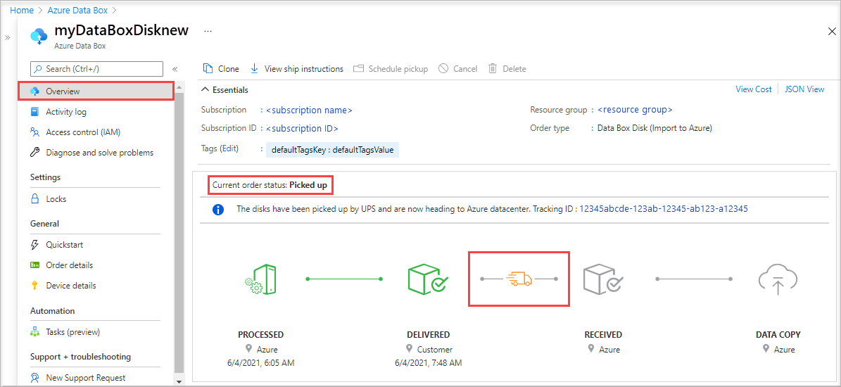 Screenshot of the Overview pane for a Data Box Disk import order in Picked Up state. The Overview option and Picked Up order status are highlighted.