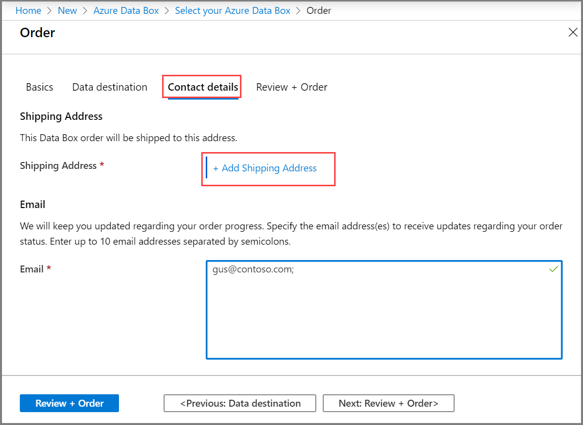 Screenshot of the Order wizard showing the Contact details step with the Add Shipping Address option called out.