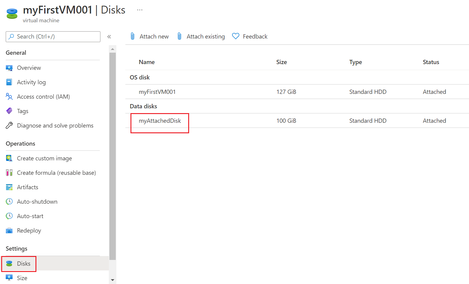 Screenshot of selecting a data disk to detach.