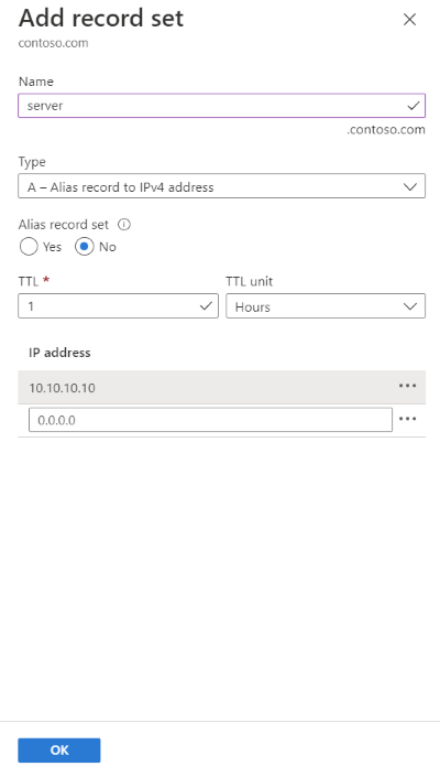 Screenshot of adding the target record set in the Add record set page.