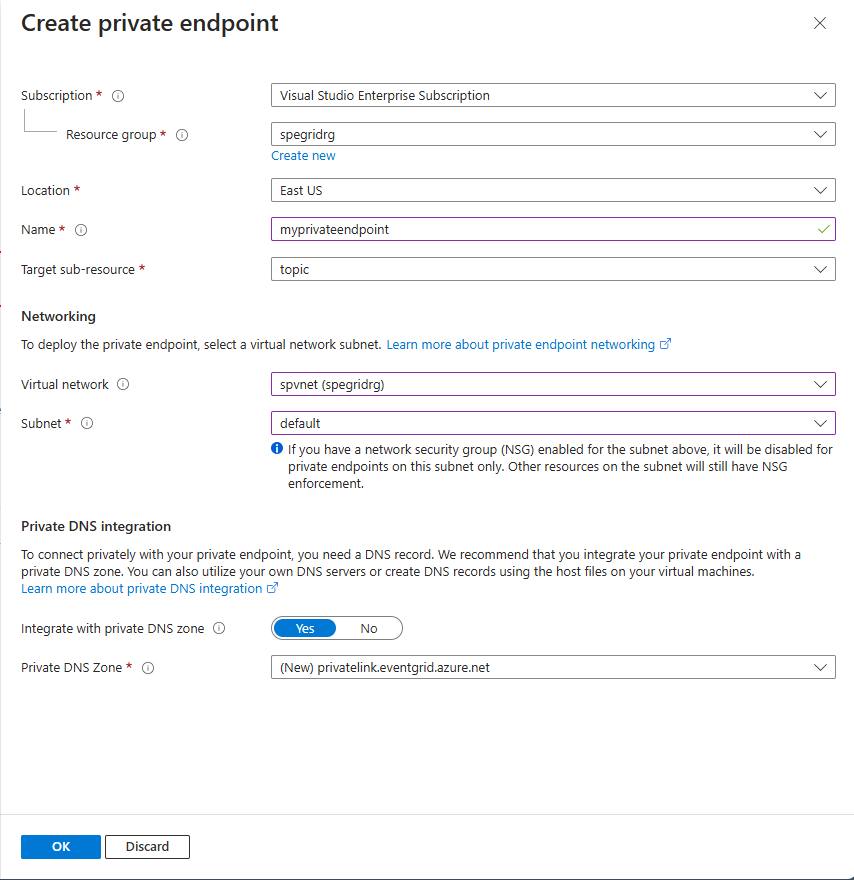 Screenshot showing Create private endpoint page.