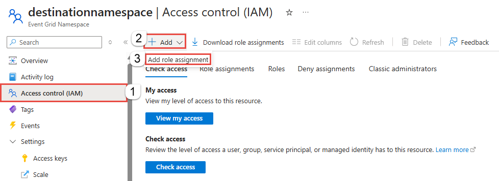 Screenshot that shows the Access control page of the destination namespace.