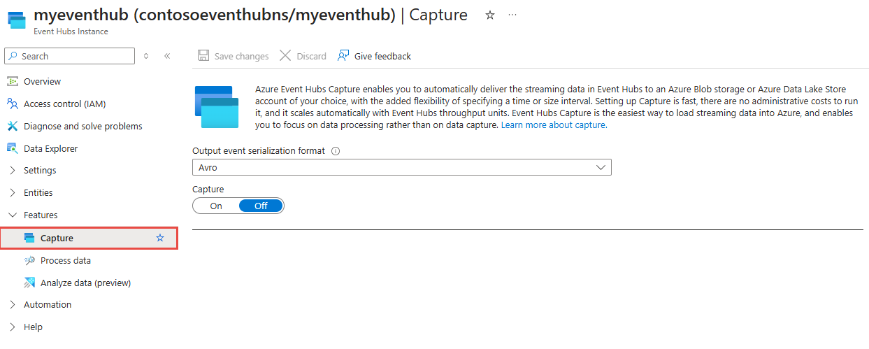 Screenshot showing the Capture page for your event hub.