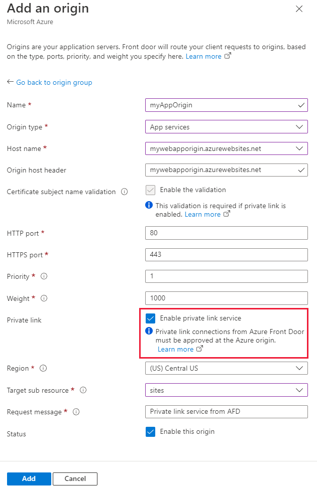 Screenshot of enabling private link to a Web App.