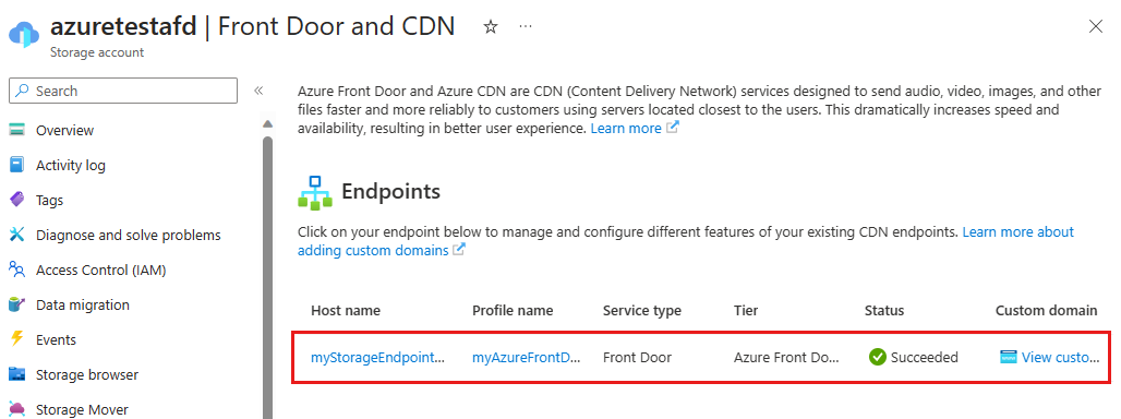 Screenshot of a new Front Door endpoint created from a Storage account.