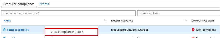 Screenshot of the View compliance details link on the Resource compliance tab.