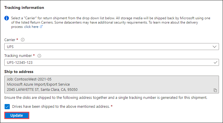 Screenshot of tracking information on the Overview pane for an Azure Import Export job in Completed state as it appears in the Preview portal.