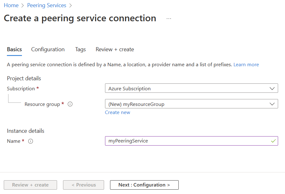 Screenshot that shows the Basics tab of creating a Peering Service connection in the Azure portal.