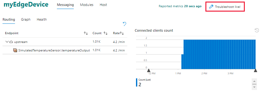 Select the troubleshoot live button from the top-right of the device details workbook.