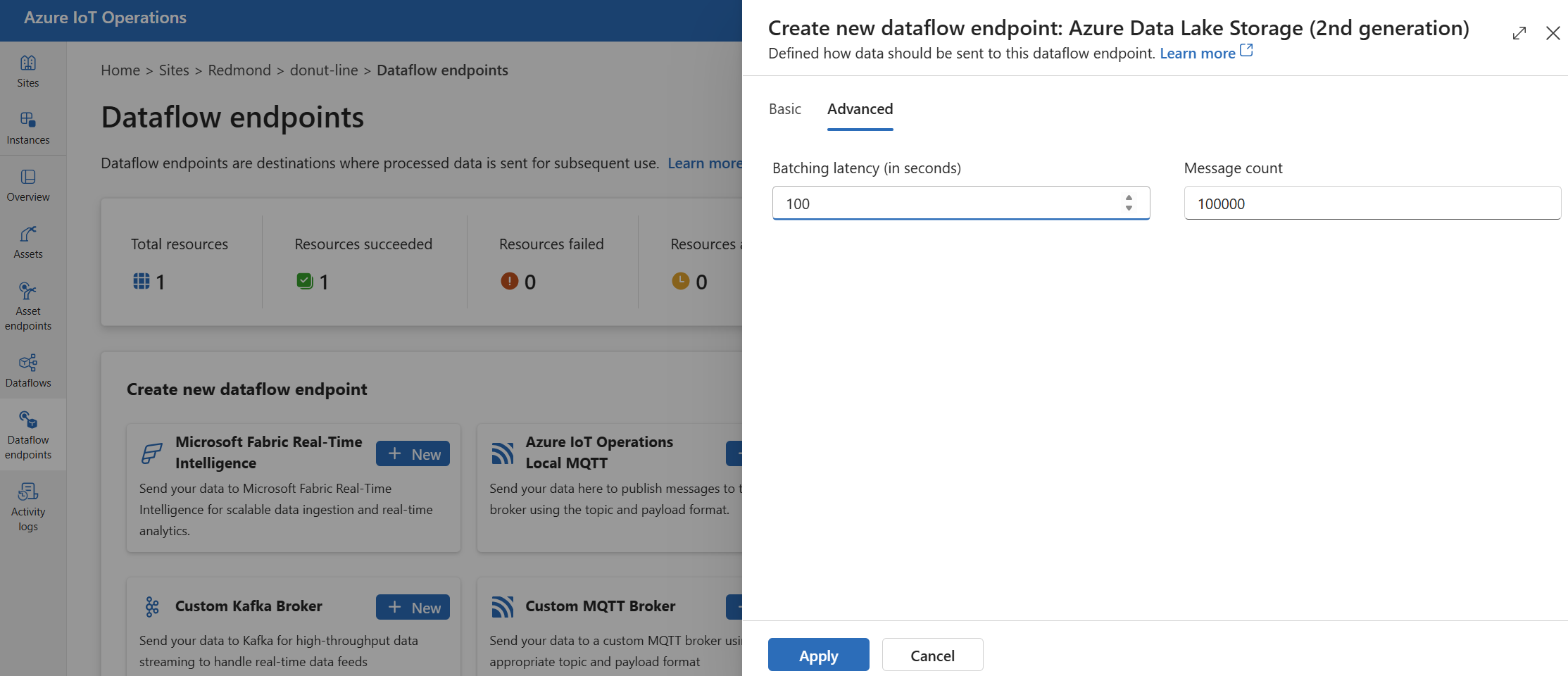 Screenshot using operations experience to set ADLS V2 advanced settings.