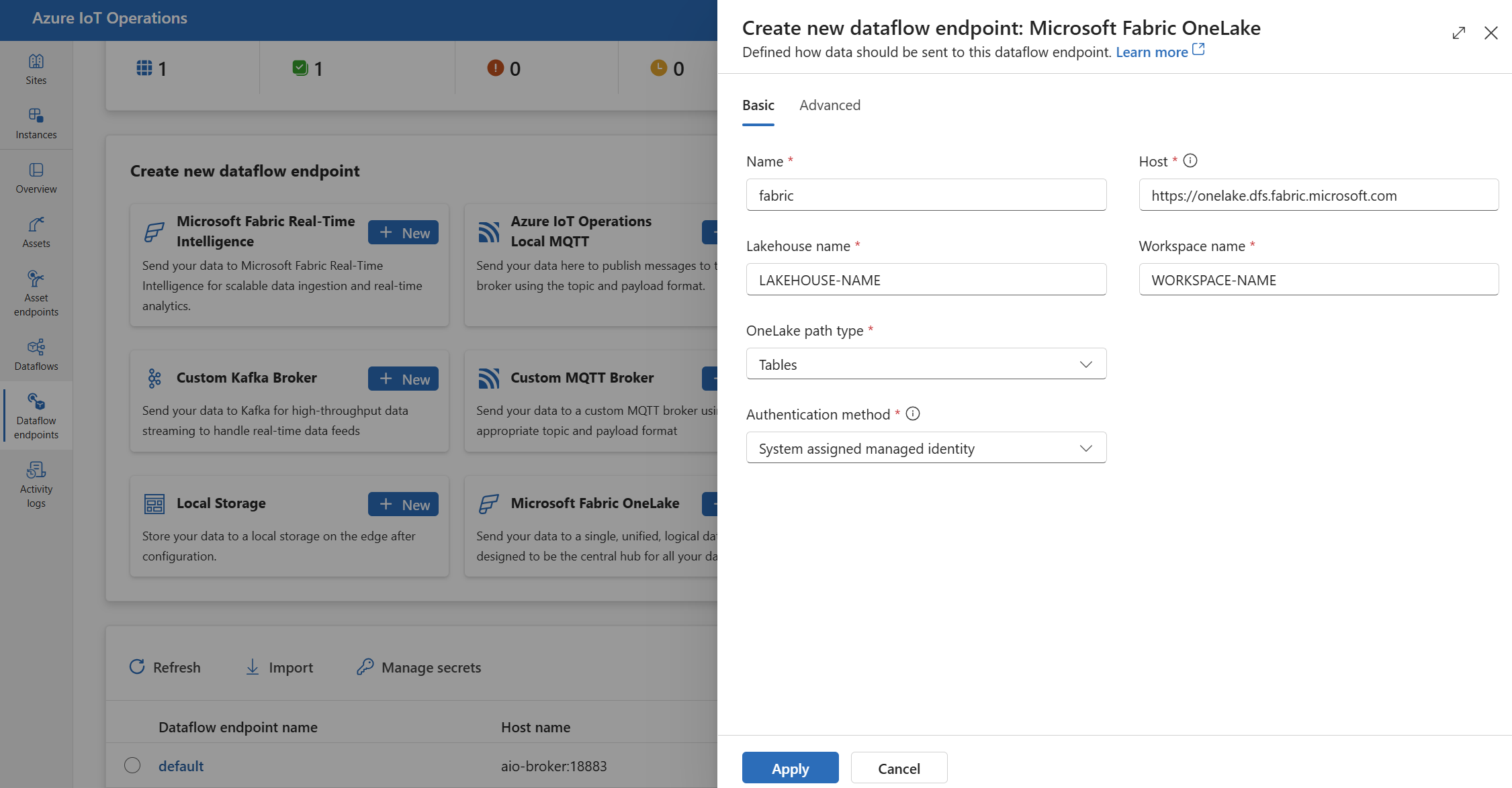 Screenshot using operation experience to create a Microsoft Fabric OneLake dataflow endpoint.