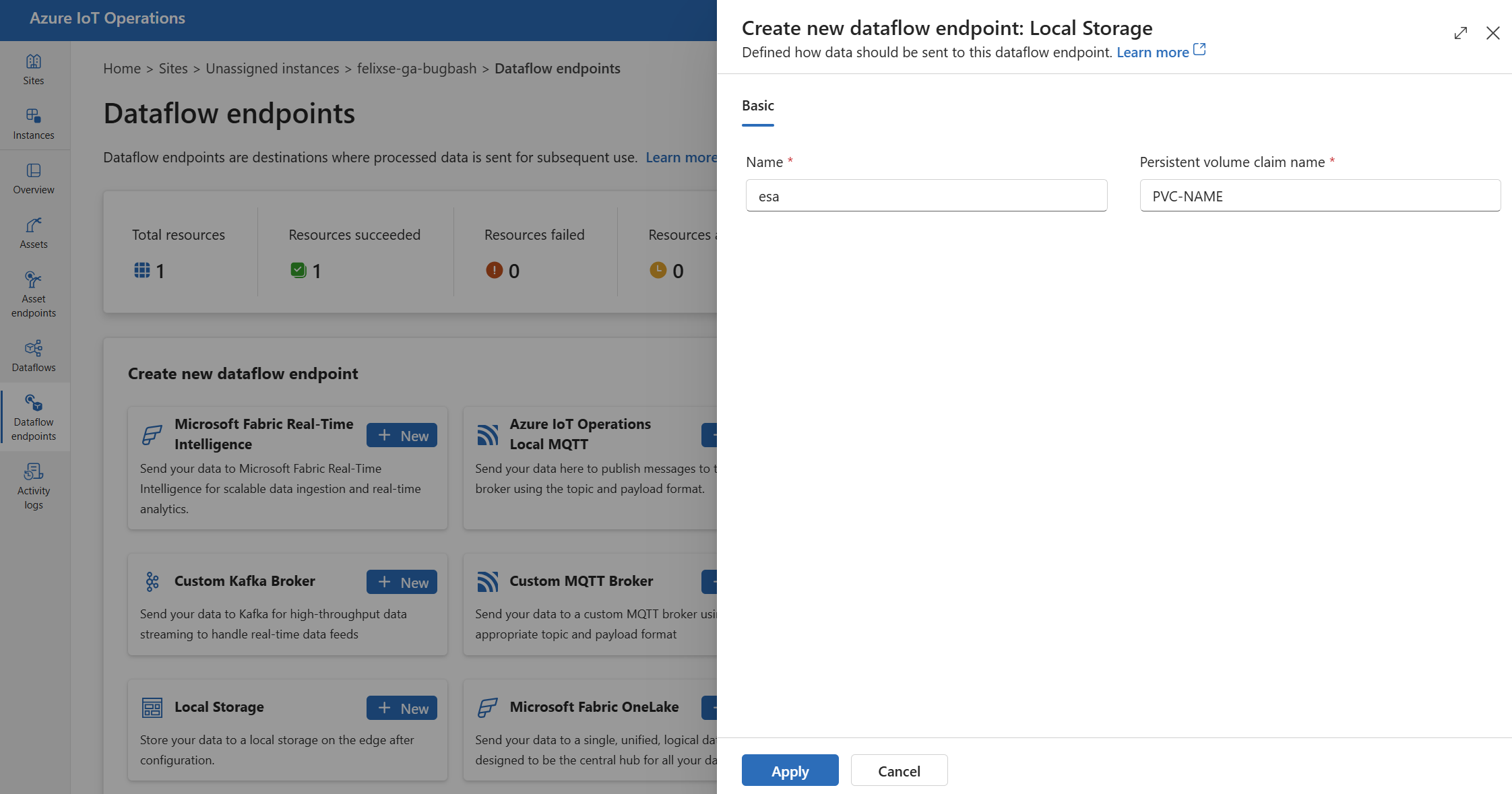 Screenshot using operations experience to create a Local Storage dataflow endpoint.