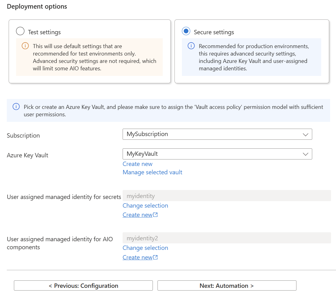 A screenshot that shows configuring secure settings on the third tab for deploying Azure IoT Operations from the portal.