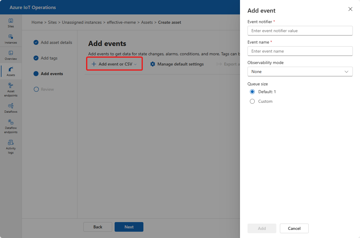 Screenshot that shows adding events in the operations experience.