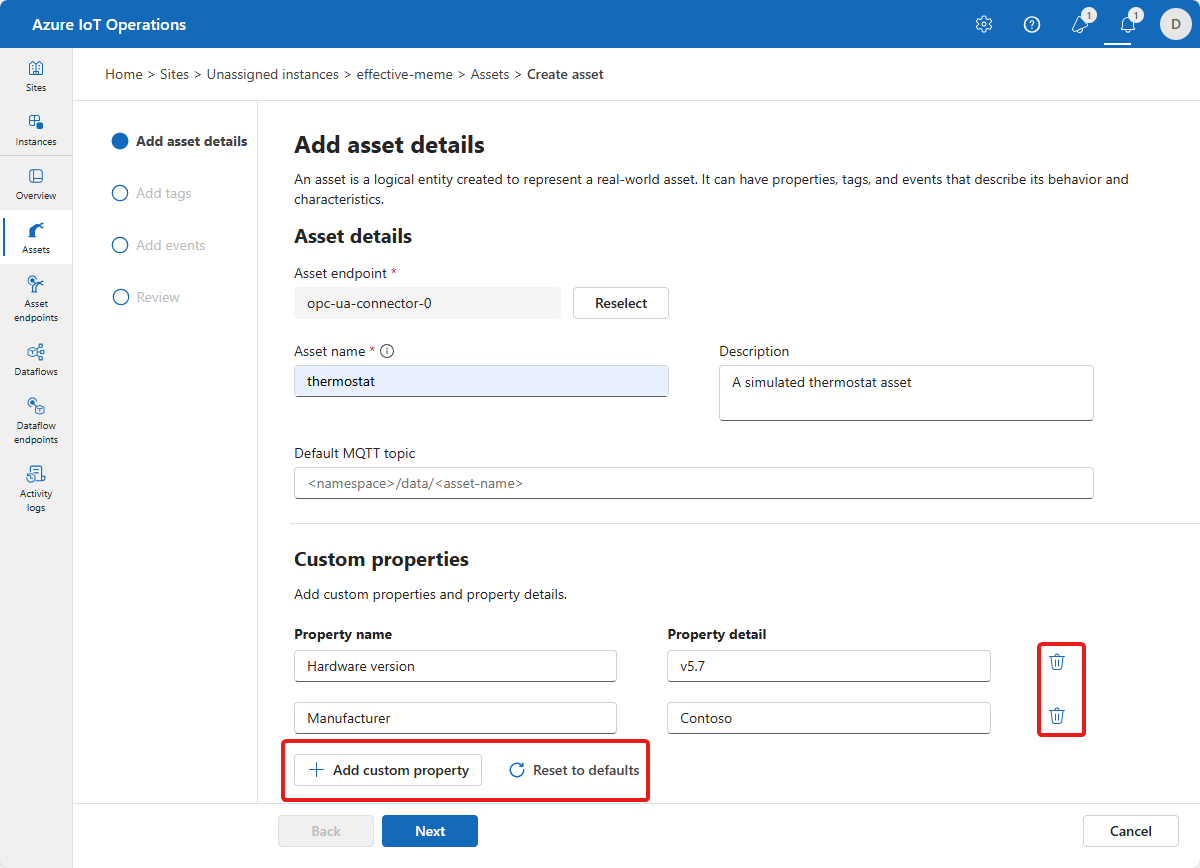 Screenshot that shows how to add asset details in the operations experience.