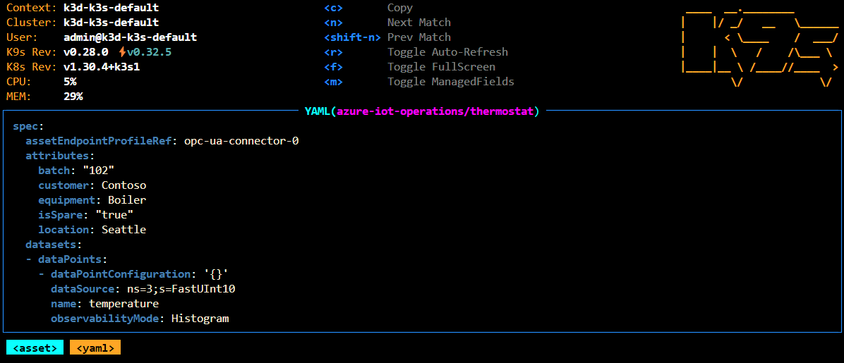 A screenshot that shows the thermostat asset as a Kubernetes custom resource.