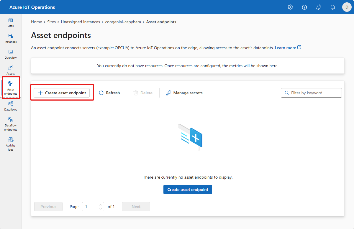 Screenshot that shows the asset endpoints page in the operations experience.