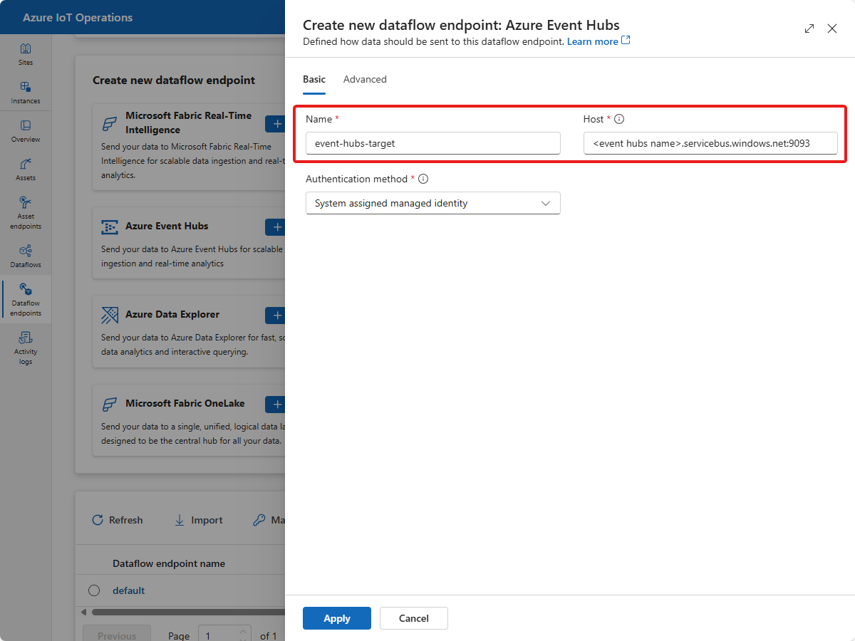 Screenshot of the Create new dataflow endpoint: Azure Event Hubs page.