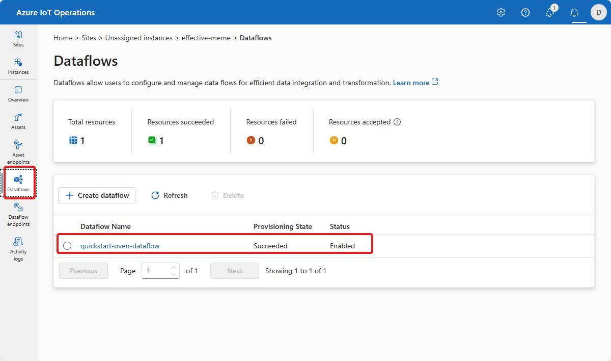 Screenshot in the operations experience that shows a list of data flows.