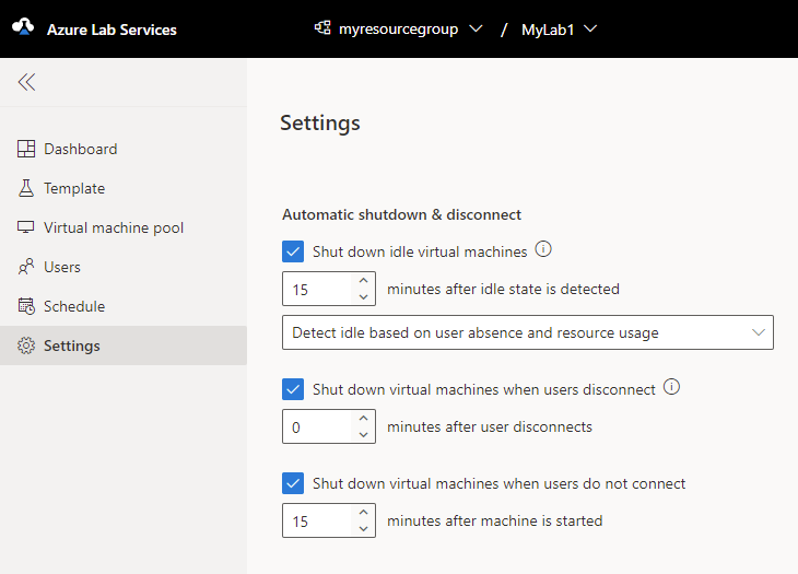 Screenshot of Lab policies window for creating a new lab.