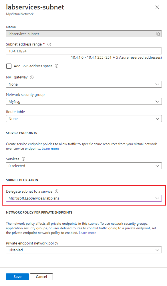 Screenshot of subnet information windows.  Subnet delegation property is highlighted.