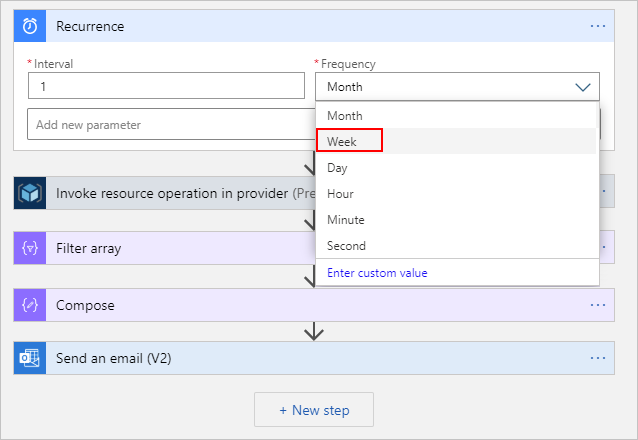 Screenshot that shows the expanded Recurrence trigger with the Frequency list open to show available frequency options.