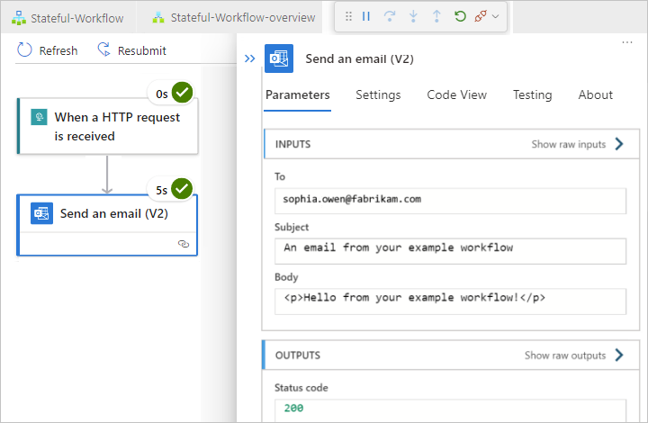 Screenshot shows status for each step in workflow plus inputs and outputs in expanded action named Send an email.