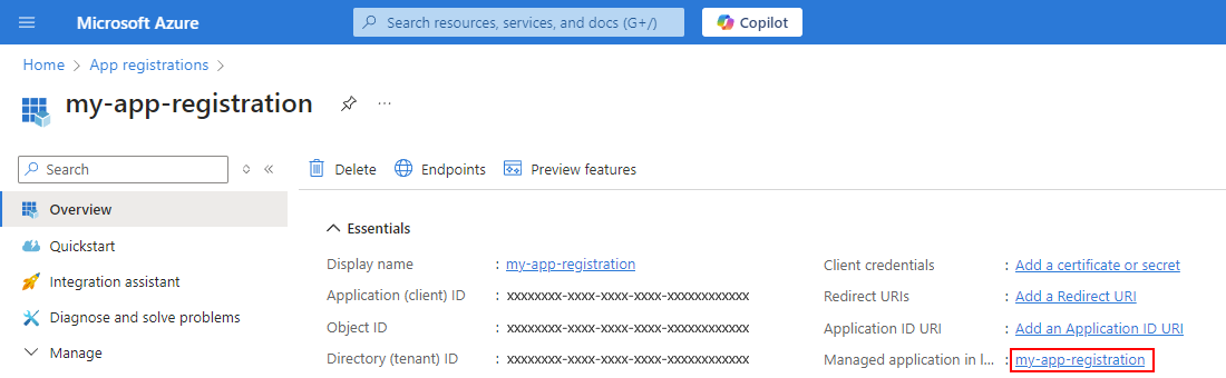 Screenshot shows app registration with selected link for managed application in local directory.